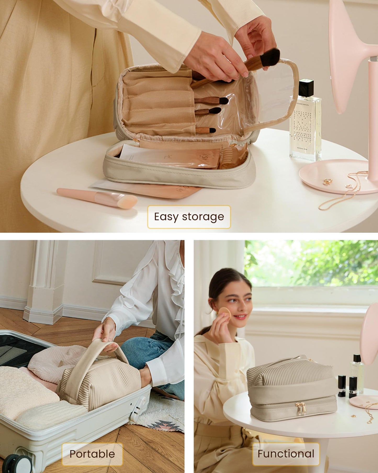 OutSpry Makeup Bag, Travel Cosmetic Bag [Cream Toast Bag] [Makeup Brush Compartment] Large Capacity Double Layer Vegan Leather Water-Resistant Toiletry Bag, Champagne Beige