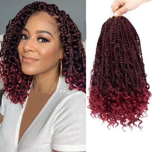 8 Packs Bohomian Box Braids Crochet Hair with Curly Ends 12 inch Burgundy Boho Bohomian Box Braid Hair Pre-looped Synthetic Braiding Hair Goddess Box Braids Crochet Hair for Black Women(12",T1B/BUG#)