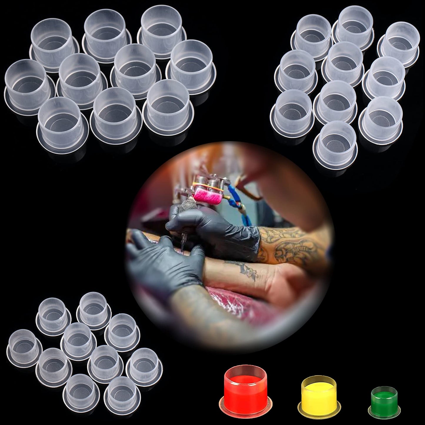 Yuronam 300PCS Multi Size Tatoo Ink Caps with Base for Tatoo Ink Tatoo Accessory Tatoo Supplies(140pcs-Small, 100pcs-Medium, 60pcs-Large)