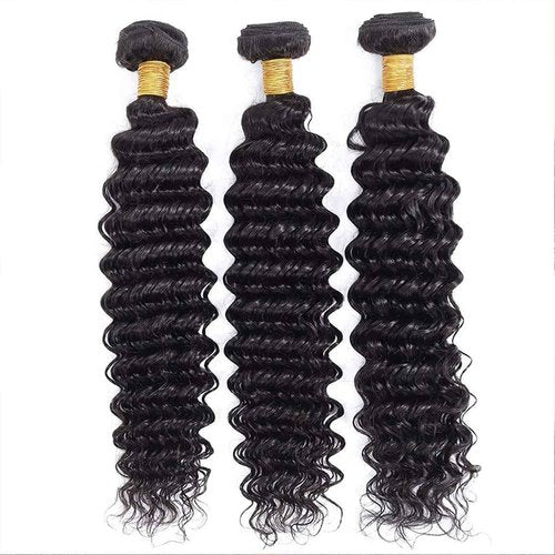 Deep Wave Human Hair Bundles 10 12 14 Inch 100% Unprocessed Brazilian Virgin Human Hair 3 Bundles for Women Wet and Wavy Hair Extensions Natural Black