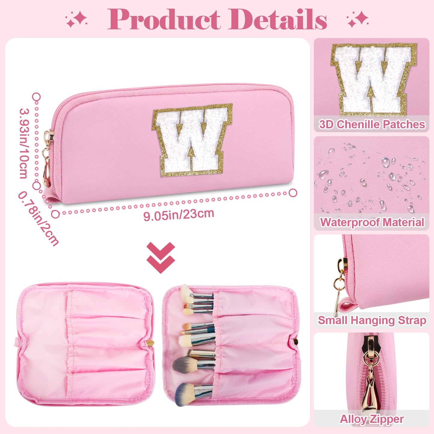 2Pack Personalized Initial Letter Patch Makeup Bag,Pink Preppy Cosmetic Bag with Small Makeup Brush Bag,Cute Waterproof PU Travel Toiletry Pouch,Gift Ideal for Her Birthday Friend Mom Teacher,Letter W