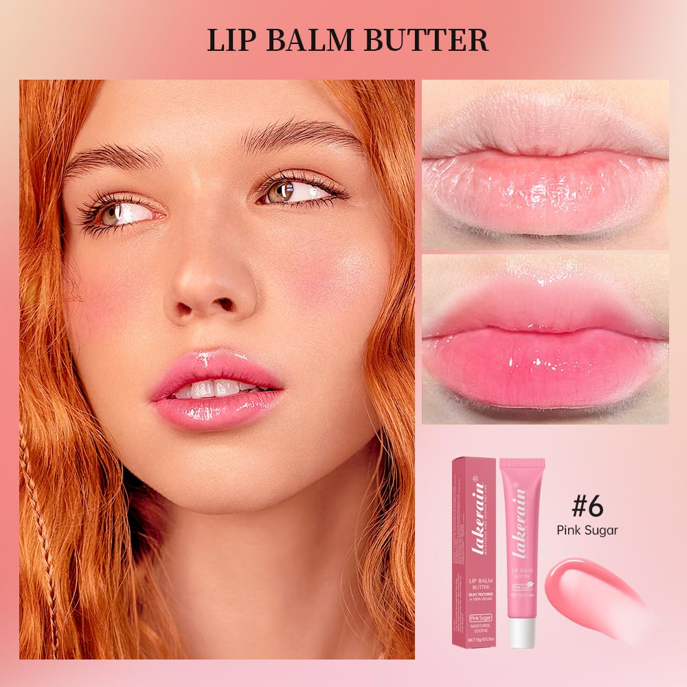 Iakerain Natural Lip Balm Butter - Day/Night Hydrating Lip Mask Hydrates, Soothes, Heals, and Improves Dry Lips 100% Vegan (#6 Pink Sugar)