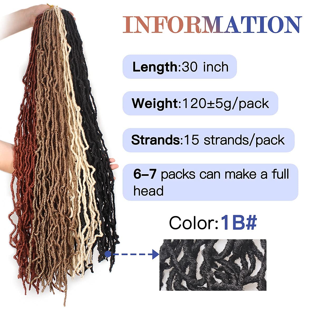 ZRQ 30 Inch New Faux Locs Crochet Hair,6 Packs Pre-looped Extended Distressed Soft Locs For Black Women, Synthetic Goddess Locs Hair Afro Roots Crochet Locs 1B#