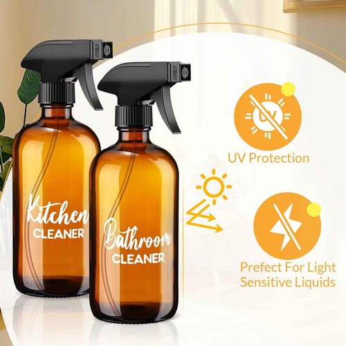 Tioncy Empty Amber Glass Spray Bottles with Labels 2 Pack Large 16oz Refillable Bottle for Essential Oils Plants Cleaning Solutions Hair Mister Adjustable Nozzle(Kitchen Cleaner and Bathroom Cleaner)