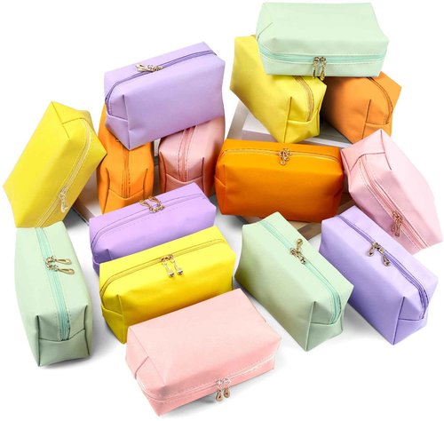 PIEMEET 15Pcs Makeup Bag Bulk, PVC Leather Cosmetic Bag, Double Zippers Cosmetic Pouch, Waterproof Toiletry Bags, Plain Makeup Pouch Travel Bags for Women Party Gift Travel Storage Organizer, 5 Colors