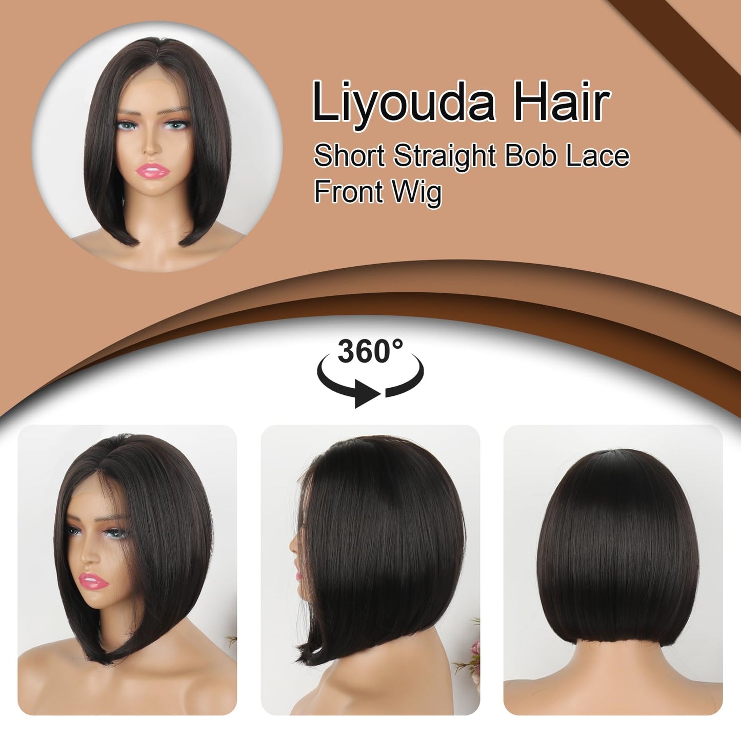 Liyoda Angled Bob Wig Short Bob Wig Straight Cut Inverted Bob Wigs for Women Black Bob Lace Wig Lace Front Bob Wig Middle Part Synthetic Bob Wigs for Black Women (#2)