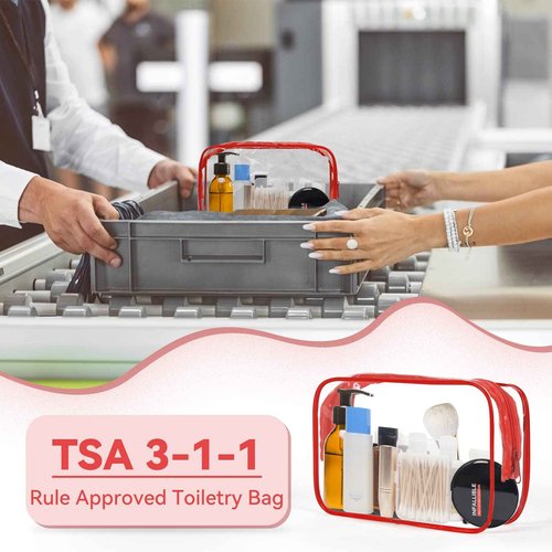 TISRATOK 12 PCS Clear Makeup Bag for Women with Zipper, TSA Approved Toiletry Pouch, Cosmetic Bag Bulk for Travel Organizer Essentials - Red, Medium