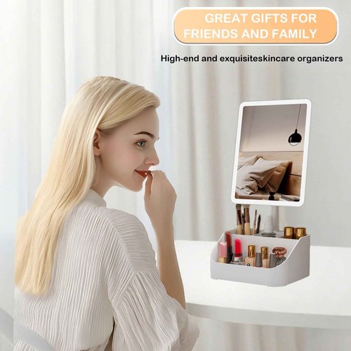 Rechargeable Makeup Mirror Organizer with LED Lights & 20X Magnification, Large Capacity Cosmetic Display Case for Skincare & Makeup Brushes, Countertop Vanity Organizer for Bedroom, Bathroom (Cream)
