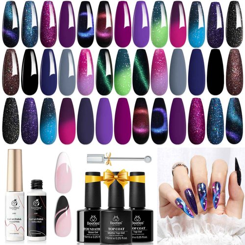 beetles Gel Polish Nail Art Gel Liner Set- 2 Popular Black White Colors with 24Pcs Gel Nail Polish Kit, 20 Color Changing Cat Eyes Gilitter Colors Gel Halloween Fall Nail for Girls Women