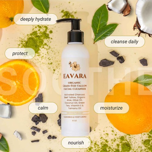 Eavara Beef Tallow Face Wash – Natural and Hydrating with Activated Charcoal, Aloe, Hyaluronic Acid, and Green Tea – Facial Cleanser with Grass Fed Beef Tallow – Face Wash for Women and Men – 6oz Pump
