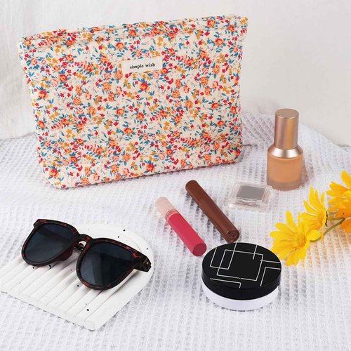 URSKYTOUS Cotton Quilted Makeup Bag for Women Coquette Floral Cosmetic Bag Cute Zipper Cloth Makeup Pouch for Purse Trendy Aesthetic Orange Flower Makeup Bag Travel Skincare Toiletry Bag Organizer