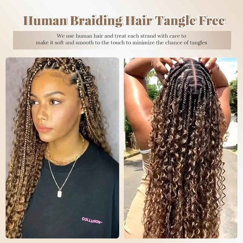 Curly Ombre Braiding Hair 100G 18 Inch Water Wave Honey Blonde with Brown Braiding Hair 4/27 Highlight Curly Bulk Human Hair Bohemian Blonde Highlight Human Bariding Hair for Boho Braids 2Bundles/Pack