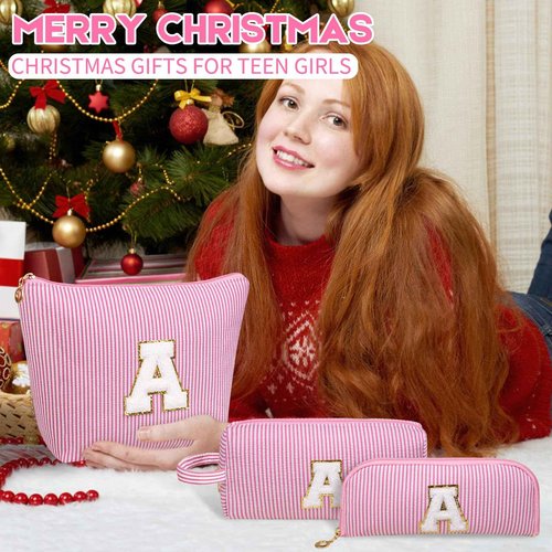 Junesters Initials Makeup Bag Set, Personalized Pink Cosmetic Bag, Cute Large Make up Bags, Travel Toiletry Bag for Women Girl Gifts M (Pink)