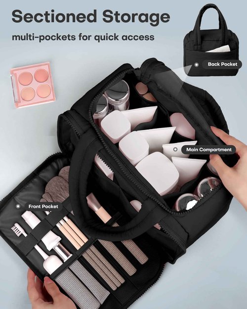 HOTOR Travel Toiletry Bag - Wide-Open Toiletry Bag for Women, Multi-Pocket Makeup Bag for Travel Essentials, Wet & Dry Separation Travel Accessories for Trip, Gym, 11.4" x 5.9" x 8.3", Black