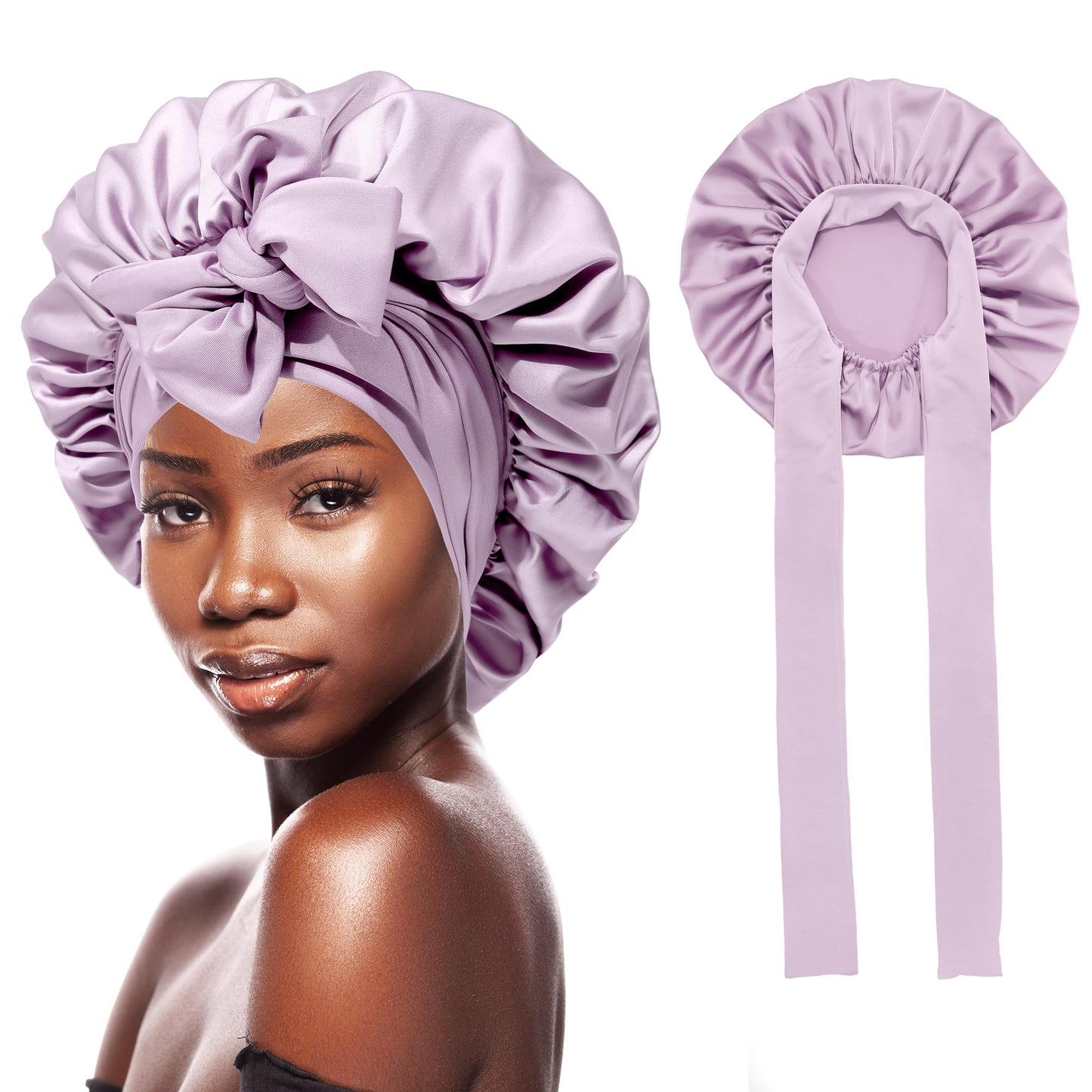 HAIMEIKANG Satin Bonnet for Women Silk Hair Bonnets for Sleeping Large Bonnets with Tie Band Night Cap Sleep Cap for Women Curly Night Cap(Purple)