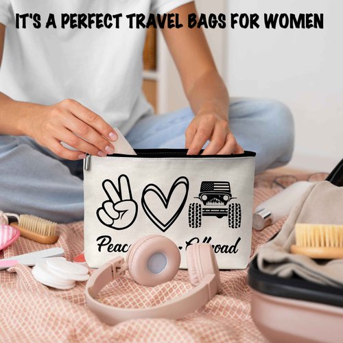 ONDTOM Peace Love Offroad Makeup Bag, Offroad Lover Gifts Cosmetic Pouch for Women, Small Travel Toiletry Zipper Bag - B01