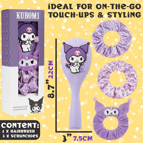 Hello Kitty Sanrio Hair Brush & Scrunchies Set for Girls, Teens, Women, Kuromi, Cinnamoroll Cute Stuff, Detangler Brush, Kawaii Gifts for Her (Kuromi Brush & Scrunchies)