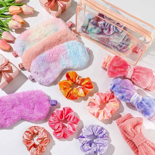 Kajaia 48 Pcs Sleepover Party Supplies for Women Slumber Party Supplies for Girls Spa Favor Headband Eye Mask Hair Scrunchies Toiletry Bag(Motley,Fresh)