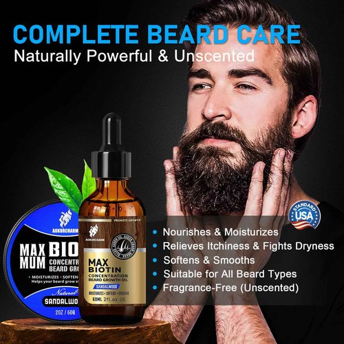 aokur 2 Pack Biotin Beard Growth Kit for Men – Sandalwood Beard Oil & Balm – Beard Care Set for Growth, Softening & Styling – Gift for Father’s Day & Christmas