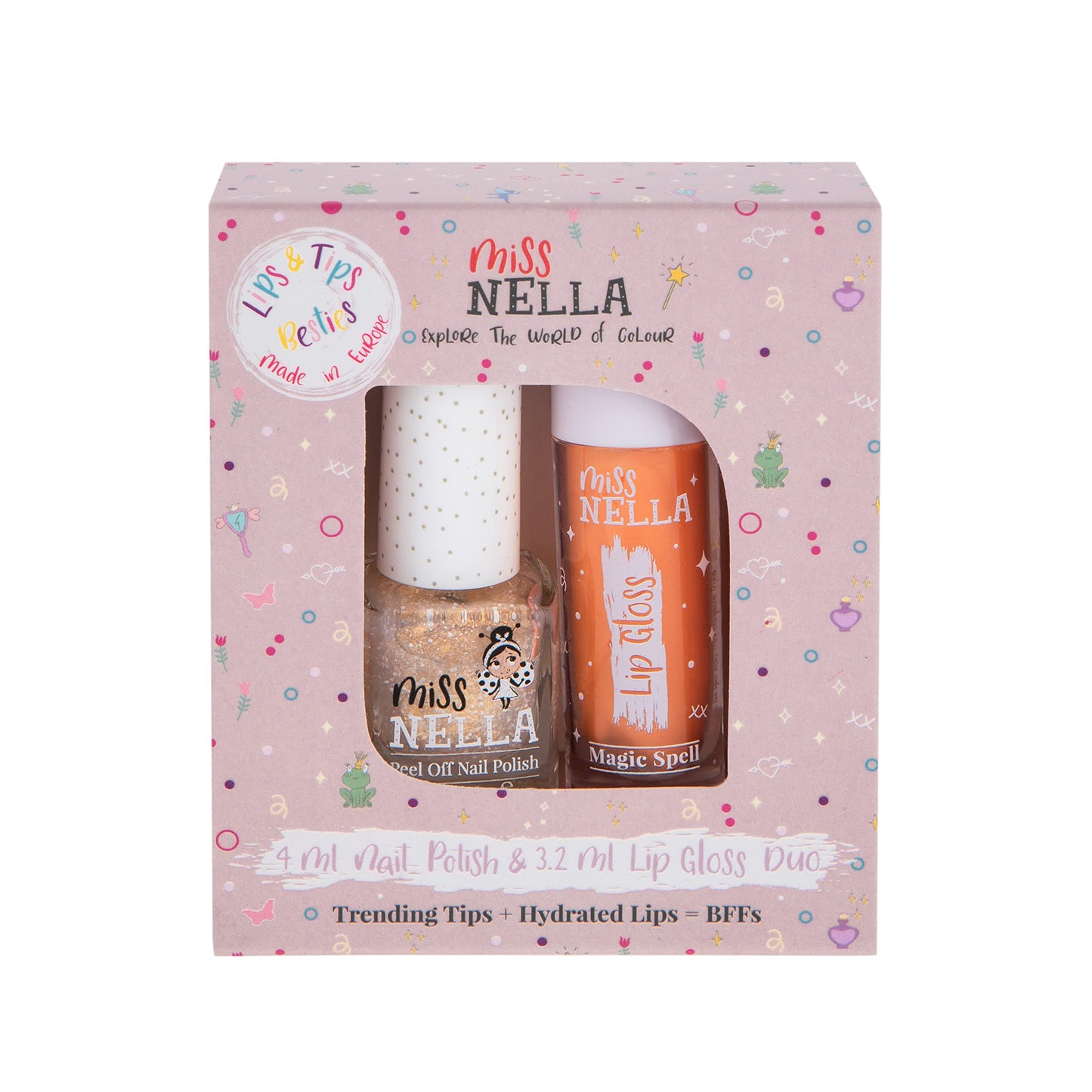 MISS NELLA Magic Spell Lips & Tips duo- Scented Lip Gloss + Glitter Nail Polish for Kids with Peel-off, Water Based & Odour Free Formula