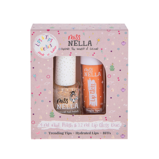 MISS NELLA Magic Spell Lips & Tips duo- Scented Lip Gloss + Glitter Nail Polish for Kids with Peel-off, Water Based & Odour Free Formula