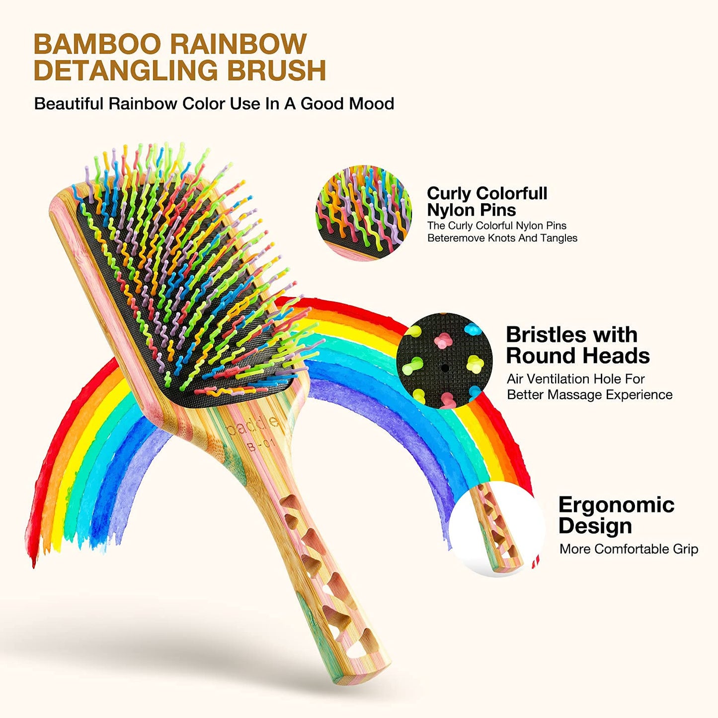 Bamboo Hair Brush, Girls Hair Brush, Rainbow Bamboo Paddle Hair Brushes for Women, Men and Kids, Health and Massage Scalp Brush Everyday Brush(Large)