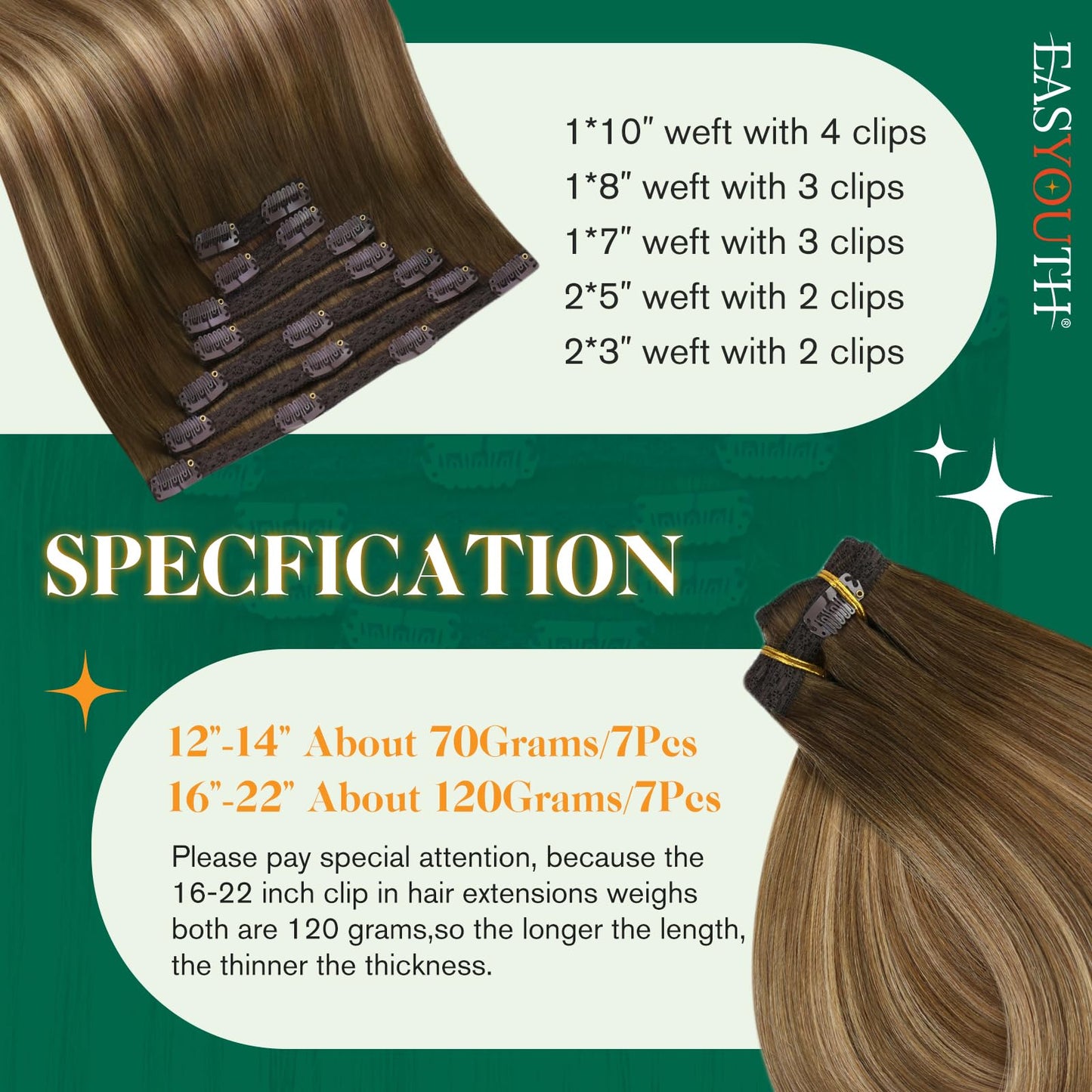 Easyouth Clip in Hair Extensions Real Human Hair Balayage Brown Hair Extensions Clip ins Dark Brown Ombre Caramel Brown Real Human Hair Extensions Clip ins Double Weft 7pcs 120g 18inch