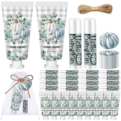 Heigble 144 Pcs Fall Pumpkin Lip Balm Hand Cream Set Party Favors, Include 36 Blue Pumpkin Lip Balm 36 Moisturizing Hand Cream 36 Bags 36 Cards and Ropes for Autumn Accessories Gifts