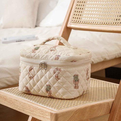 RSRSLEII 3 Pcs Quilted Cotton Makeup Pouch, Coquette Floral Quilted Toiletry Makeup Bag for Women and Girls, Aesthetic Travel Organized Cosmetic Bags(03Bear Pattern)