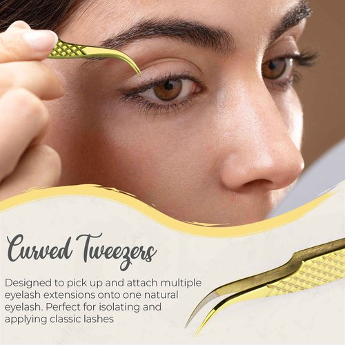 SV Lash Tweezers | Lash Extension Tweezers Set | 5Pcs Stainless Steel Eyelash Extension Tweezers Set | Volume/Isolation Nail Art Curved Tweezers (Gold 3 Pcs)