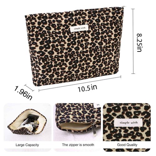 Wudygirl Leopard Makeup Bag Cosmetic Bag for Women and Girls Large Capacity Toiletry Bag Makeup Pouch Canvas Aesthetic Travel Makeup Bag Zipper Pouch (Leopard Print)