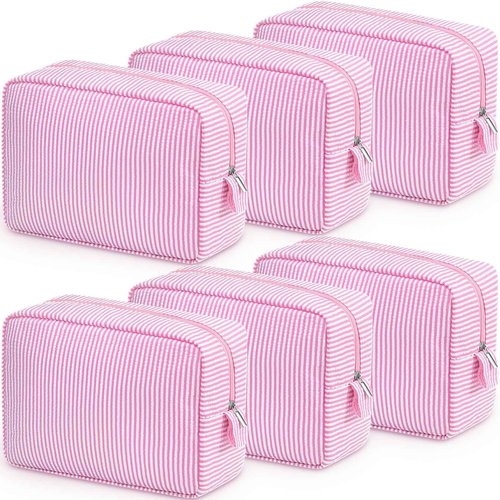 Sanwuta 6 Pcs Seersucker Cosmetic Bag Bulk Pinstripe Makeup Bag for Women Aesthetic Cute Travel Toiletry Organizer Preppy Storage Pouch for Wedding Bridesmaid Christmas Gift (Large,Pink)