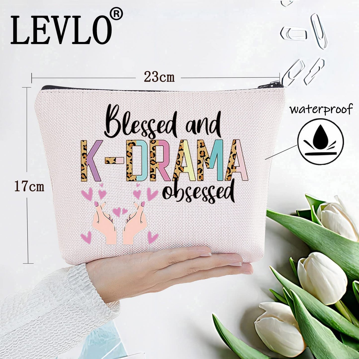 LEVLO Korean Drama Cosmetic Make Up Bag K-Drama Lover Gift Blessed And K-DRAMA Obsessed Makeup Zipper Pouch Bag (Blessed And K-DRAMA)