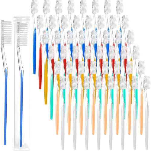 Honeydak 300 Pieces Disposable Toothbrushes Individually Wrapped Toothbrushes Medium Soft Tooth Brush Manual Travel Toothbrush Set for Adults Travel Toiletries, 6 Colors