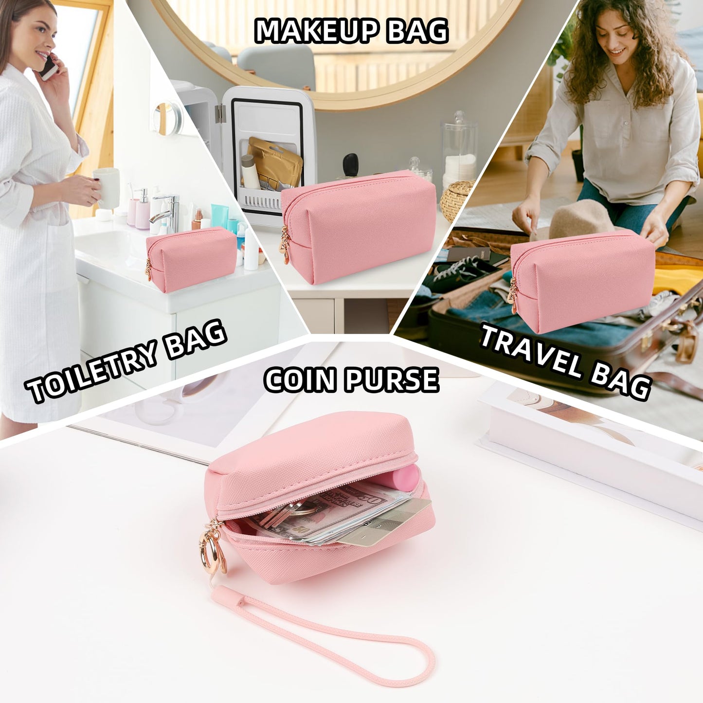 Likesing Small Makeup Bag Set, 3 Piece Preppy Nylon Travel Cosmetic Bags for Women, Mini Storage Pouch for Cosmetics Make Up Toiletry, Birthday Gift for Teen Girl (Pink, 3.5''-7.6'')