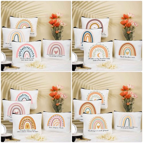 Coume 30 Pcs Teacher Appreciation Gifts for Women Bulk Inspirational Gifts Christmas Rainbow Canvas Makeup Bags Cosmetic Bag Thank You Favors for Holiday Women Teacher, 10 Styles(Elegant)