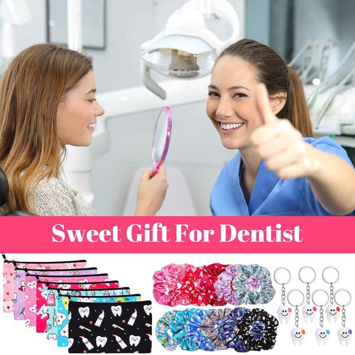 Potchen 36 Pcs Dental Hygienist Gifts - Makeup Bags, Hair Scrunchies, Tooth-Shaped Key Chains, Hair Holder for Women and Dental Assistants