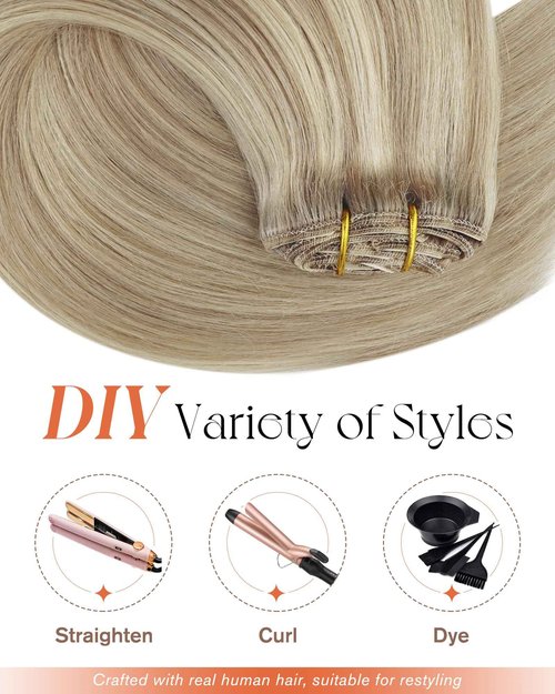 Sunny Hair Clip in Hair Extensions Straight Human Hair Clip in Extensions Remy Clip in Hair Extensions Real Human Hair Extensions Clip ins Golden Blonde Highlights Light Blonde 12inch