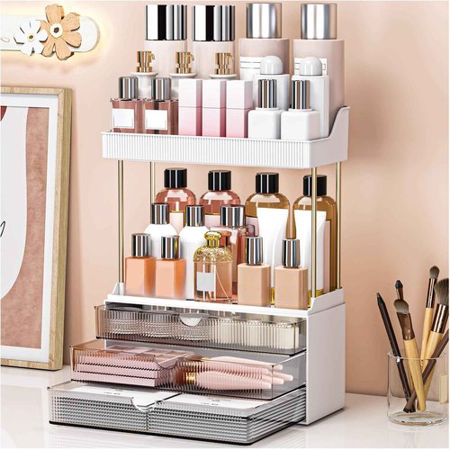 caktraie Bathroom Organizers and Storage - 3 Drawers 2 Tier Makeup Organizer, Cosmetic Storage Drawer for Dresser Countertop and Bathroom Vanity for Large Skincare, Perfume, Grey