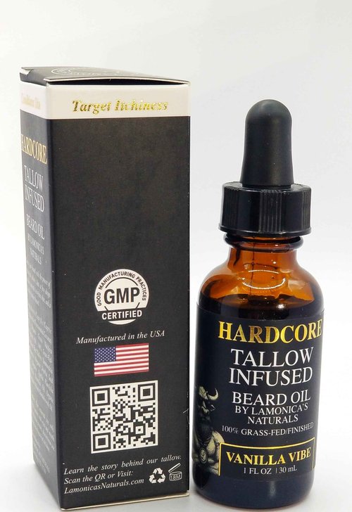 LAMONICA'S NATURALS Beard Oil for Men –TALLOW-INFUSED, Softens & Moisturizes Beard – Organic Sanadalwood + USDA Vanilla Scent – Veteran-Owned Grooming – HARDCORE