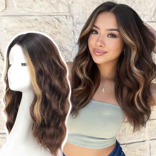 AISI HAIR Brown Mix Blonde Wig for Women Medium Length Wave Curly Glueless Synthetic Heat Resistant Hair Wigs for Daily Party Cosplay