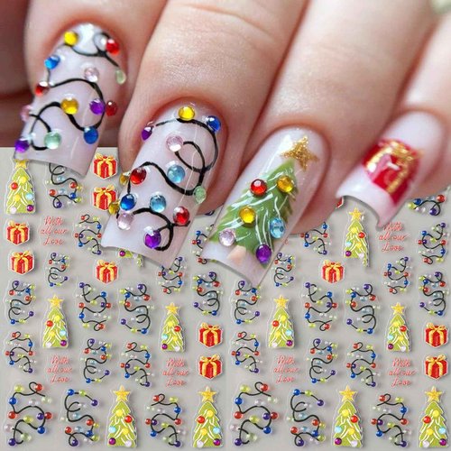 IDDFEVE 2 Sheets Embossed Christmas Nail Stickers, 5D Colorful Light String Self-Adhesive Nail Art Decals for Women Girls DIY Winter Xmas Tree Manicure