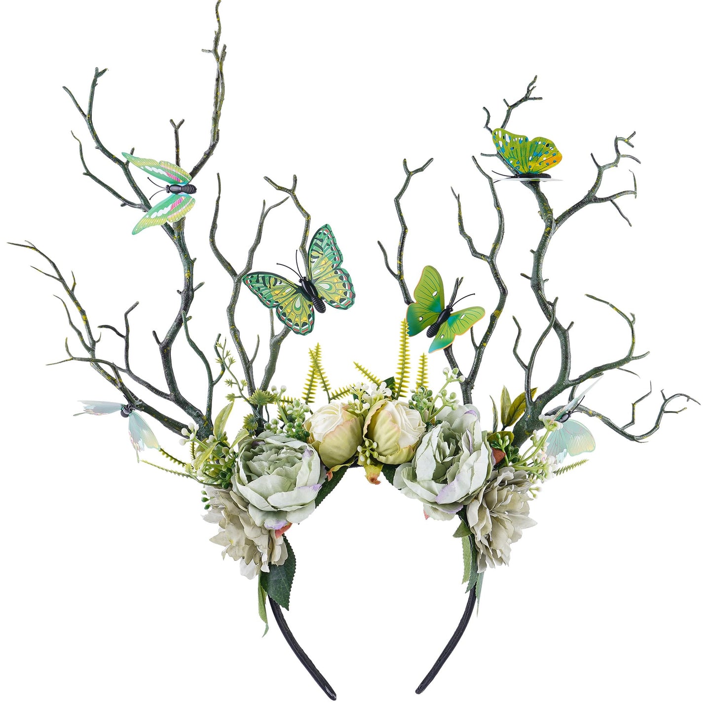 MOSTORY Green Flower Branch Headband - Handmade Tree Hairband with Butterfly Woodland Headband Floral Forest Crown for Women Girls Renassance Mardi Gras Carnival Cosplay Photoshoot