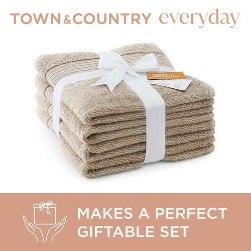 TOWN & COUNTRY EVERYDAY 4-Piece Solid Dobby Border Washcloth Set, 13x13-Inch, 100% Cotton, Plush & Absorbent 650GSM, Beige
