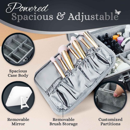 BLISSELLE Travel Makeup Bag with LED Lighted Mirror, Waterproof Make Up Mirror With Lighting And Adjustable Dividers, Portable Makeup Train Case Cosmetics Storage Bag, 3 Adjustable Brightness (Black)