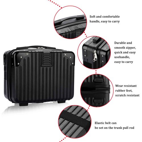 BSTKEY Portable Hard Shell Cosmetic Travel Case, Small Travel Hand Luggage with Elastic Band, Mini ABS Carrying Makeup Case Suitcase, Black