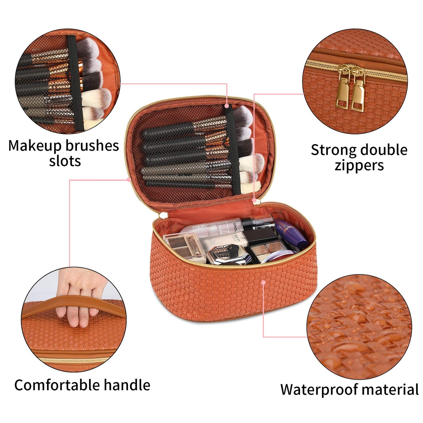 KTMOUW Makeup Bag 3 Pcs Waterproof Cosmetic Bag Set Portable Travel Cosmetic Bag Multifunction Organizer Storage Bag Weave Toiletry Bag for Women, Brown