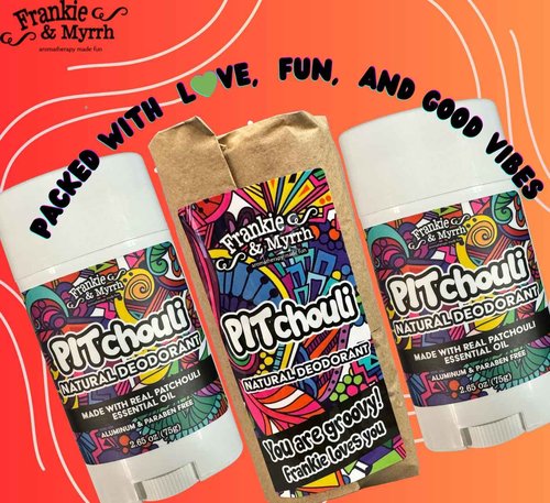 Frankie & Myrrh 2 Pack | Natural Patchouli Deodorant with Fun Extras | Aluminum Free, Baking Soda, Coconut Oil & Shea Butter (256 oz) | Includes Sticker Pack + Can Cooler