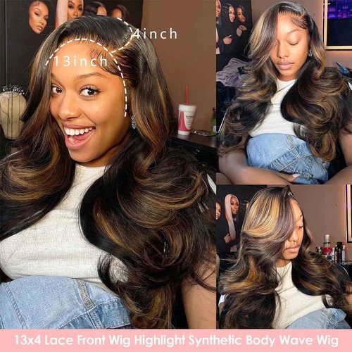 Ruiieea Highlight Synthetic Lace Front Wig 13x4 Lace Front Wig Honey Blonde Glueless Synthetic Body wave Lace Frontal Wig for Women 26 Inch