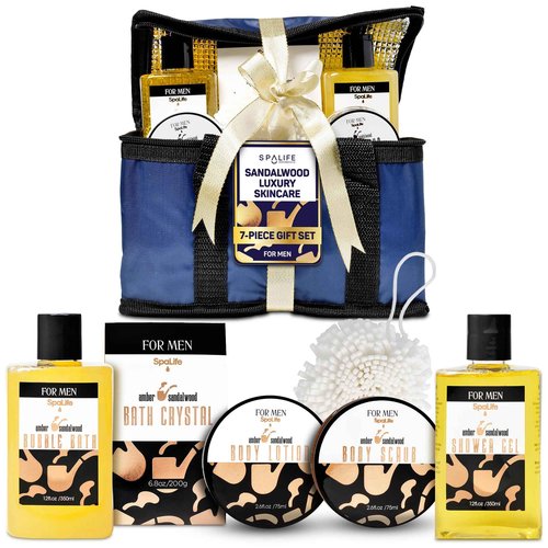 SpaLife Luxury Spa Skincare Sandalwood Gift Set for Men | Mens Body Wash Gifts | Mens Gift Set for Bath and Body | Christmas Gifts for Men | Cleansing, Moisturizing, Exfoliating | 7-Piece Bundle